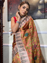 Carrot Orange Kalamkari Handloom Tussar Silk Saree