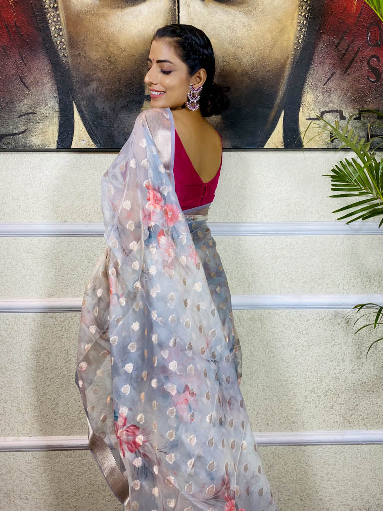 Cloudy Grey Organza Silk Saree