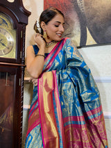 Azure Blue Kanjeevaram Silk Banarasi Handloom Saree