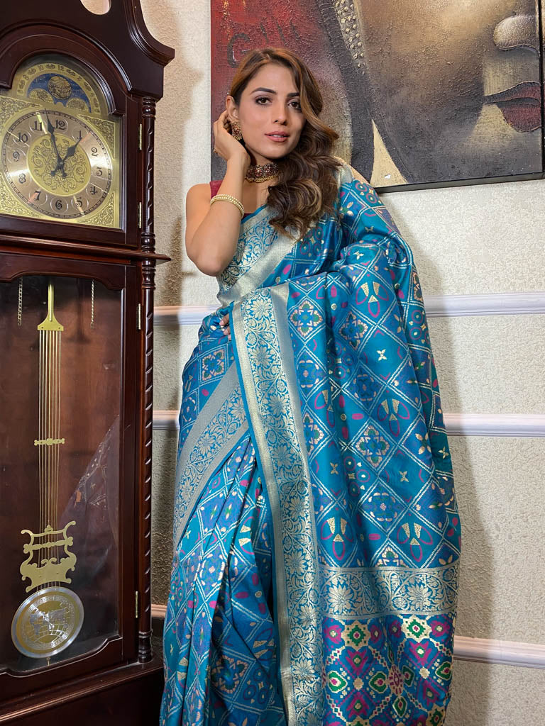 Cerulean Blue Katan Silk Patola Saree