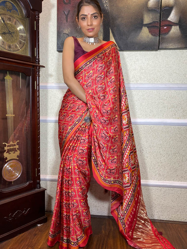 Carrot Red Mulberry Silk Patola Saree