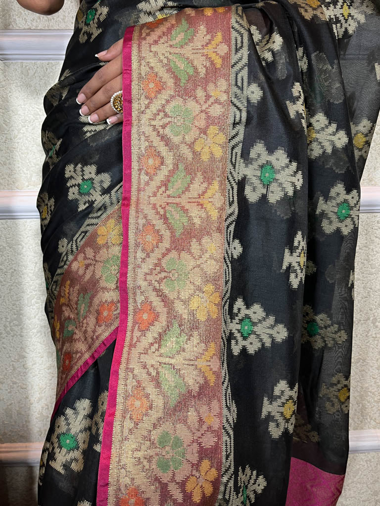 Midnight Black Woven Cotton Silk Saree