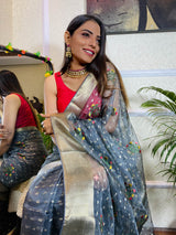 Smoky Grey Organza Silk Saree