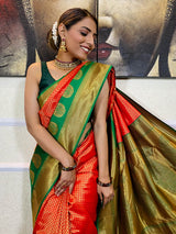 Scarlet Red Kanjeevaram Silk Banarasi Handloom Saree