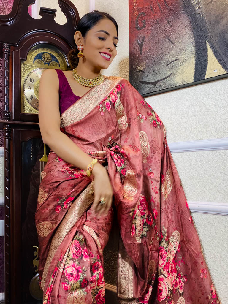 Amber Red Designer Banarasi Silk Saree