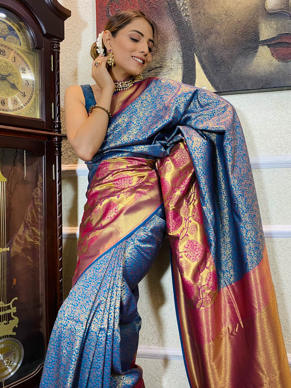 Azure Blue Katan Silk Banarasi Handloom Saree