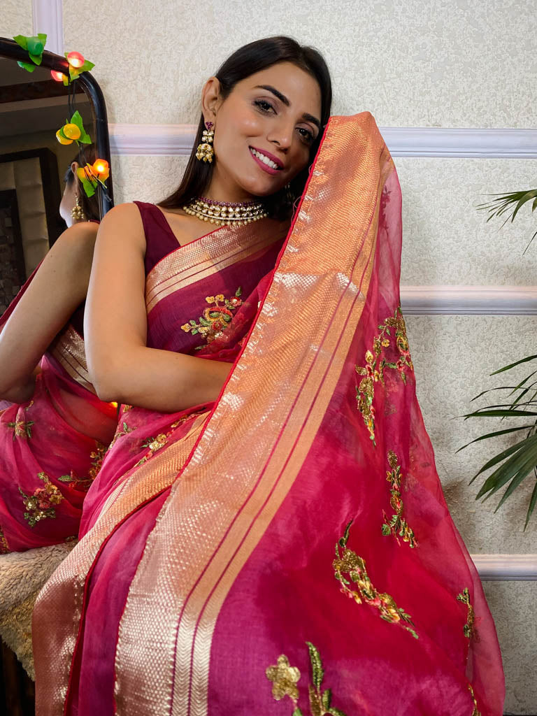 Onion Pink Organza Silk Saree