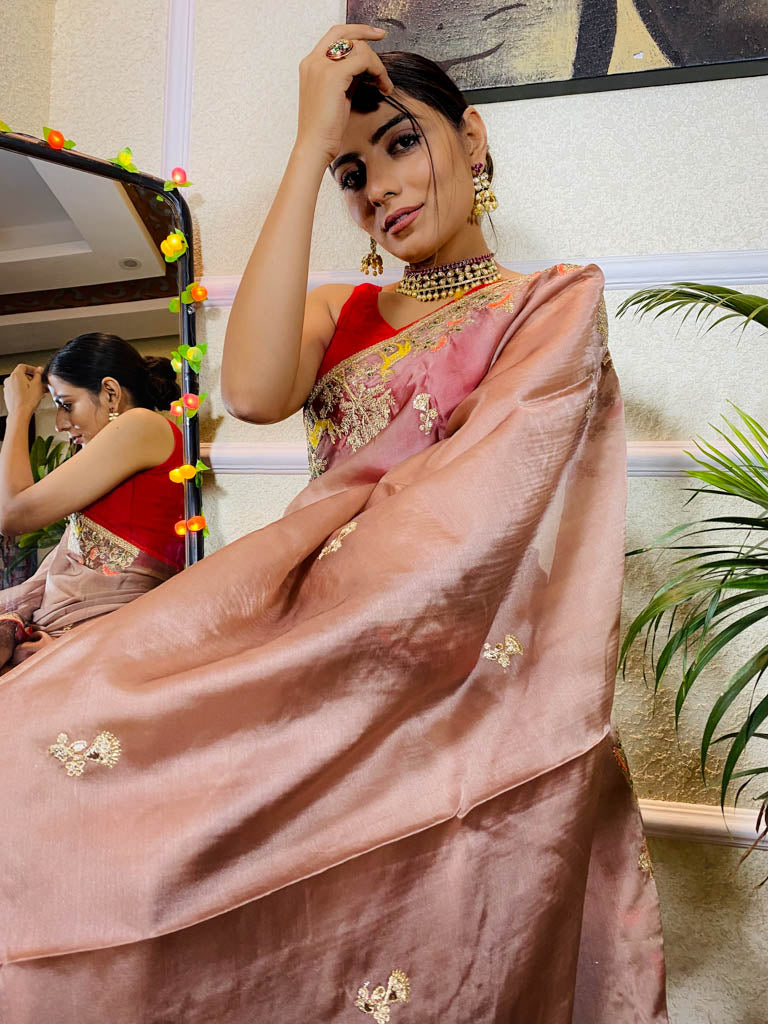 English Brown Organza Crape Silk Saree