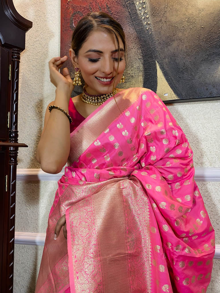 Crayola Pink Banarasi Silk Handloom Saree