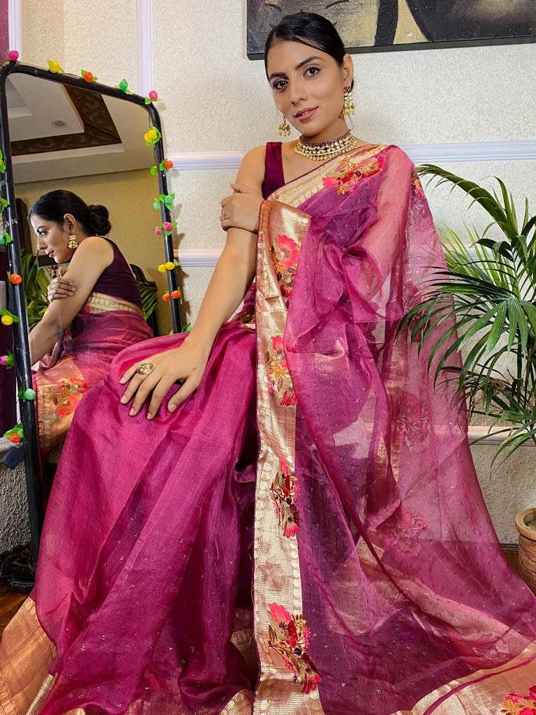 Magenta Purple Organza Silk Saree