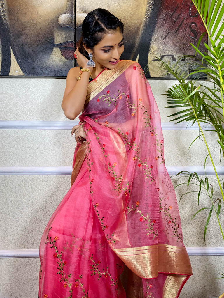 Fuchsia Pink Organza Silk Saree
