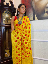 Sacred Yellow Red Georgette Bandhej Saree