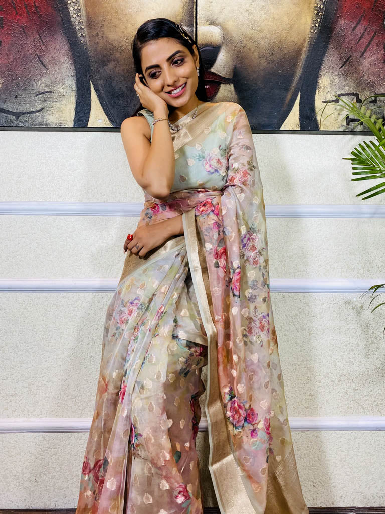 Oyster Tan Organza Silk Saree