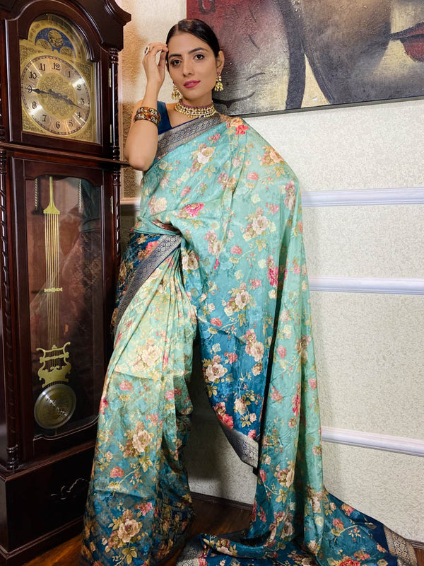 Teal Blue Designer Banarasi Silk Saree