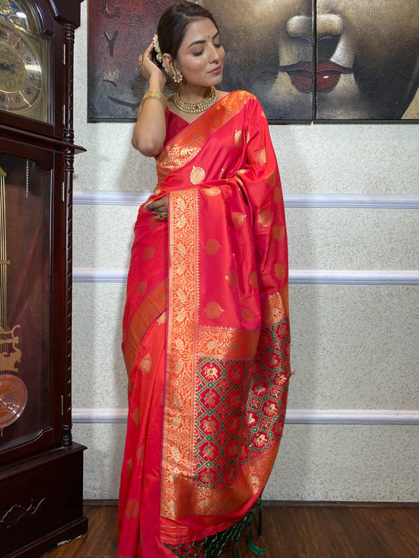 Carrot Red Banarasi Patola Silk Saree