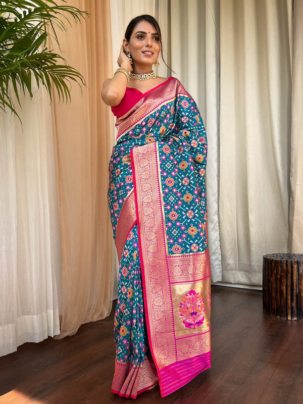 Cerulean Blue Patola Silk Saree