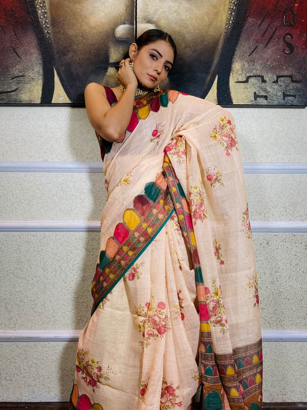 Latte Orange Linen Sequined Saree