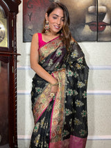 Midnight Black Woven Cotton Silk Saree