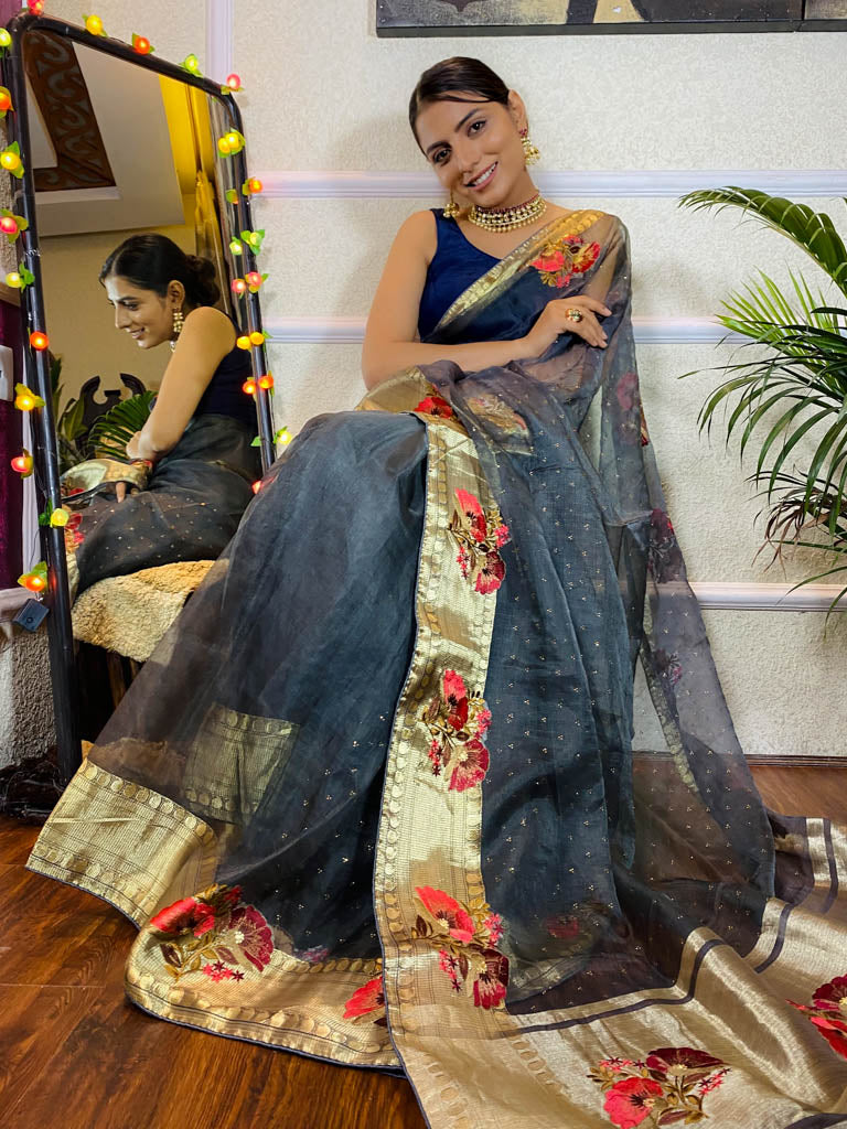 Millennium Grey Organza Silk Saree