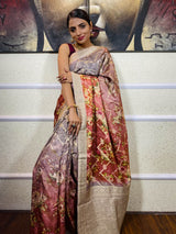 Flint Grey Red Designer Banarasi Silk Saree