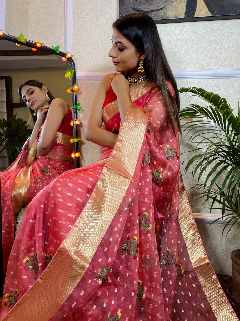 Onion Pink Organza Silk Saree