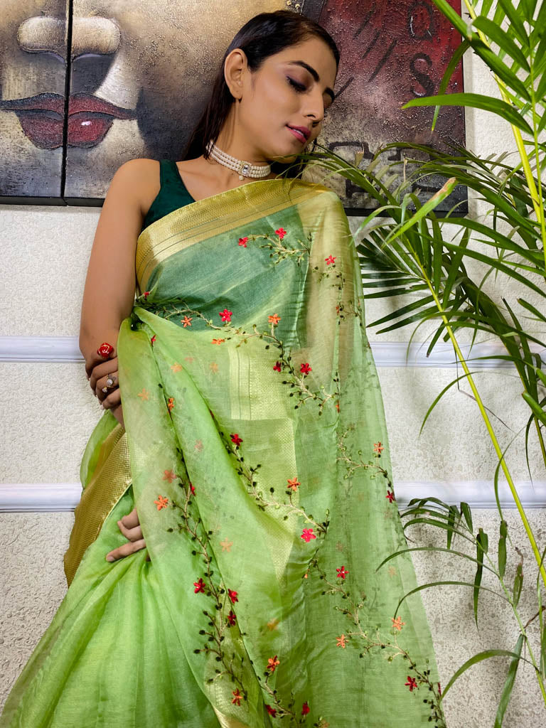 Parakeet Green Organza Silk Saree
