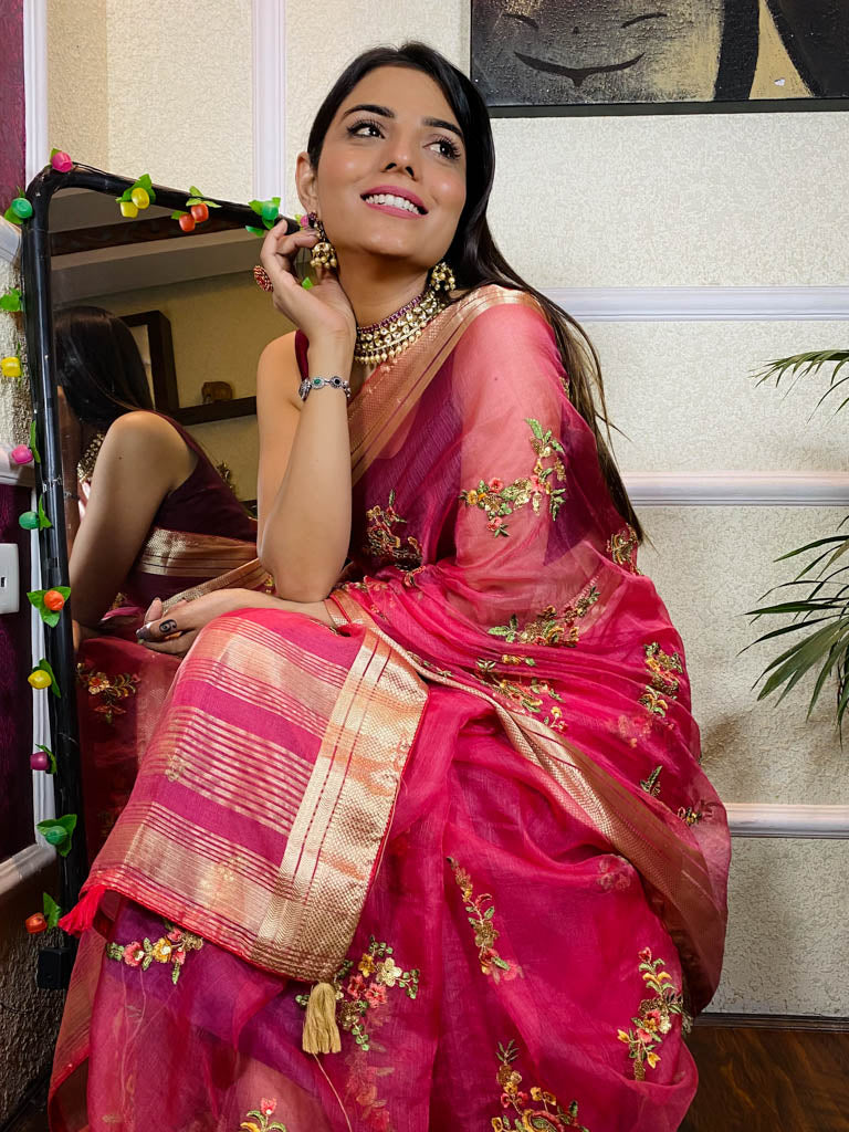 Onion Pink Organza Silk Saree