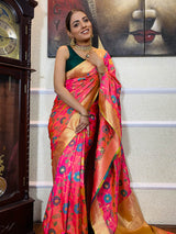 Carrot Pink Banarasi Silk Saree