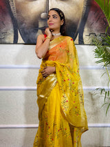 Canary Yellow Organza Silk Saree
