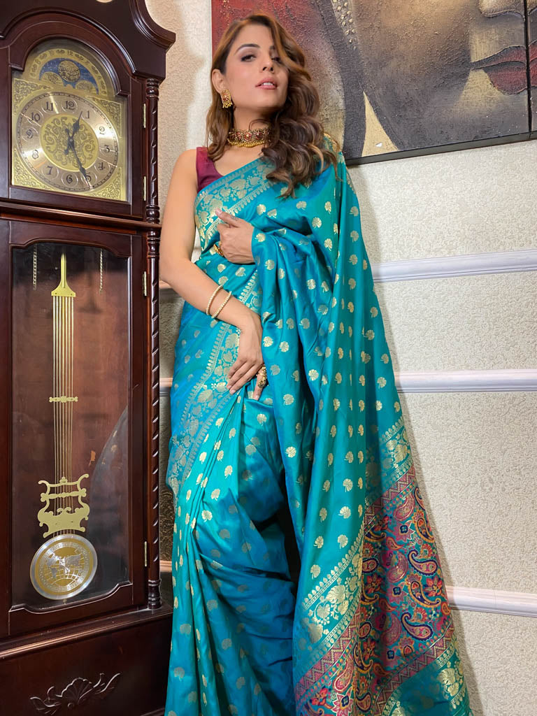 Turquoise Blue Woven Banarasi Silk Saree