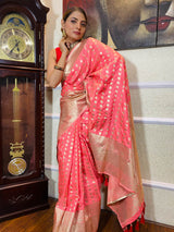 Punch Peach Banarasi Silk Handloom Saree