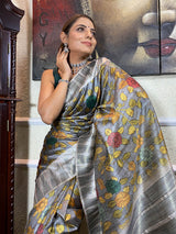 Midnight Grey Kalamkari Handloom Tussar Silk Saree