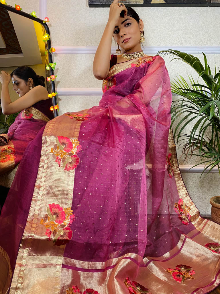 Magenta Purple Organza Silk Saree