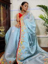 Ocean Blue Organza Crape Silk Saree
