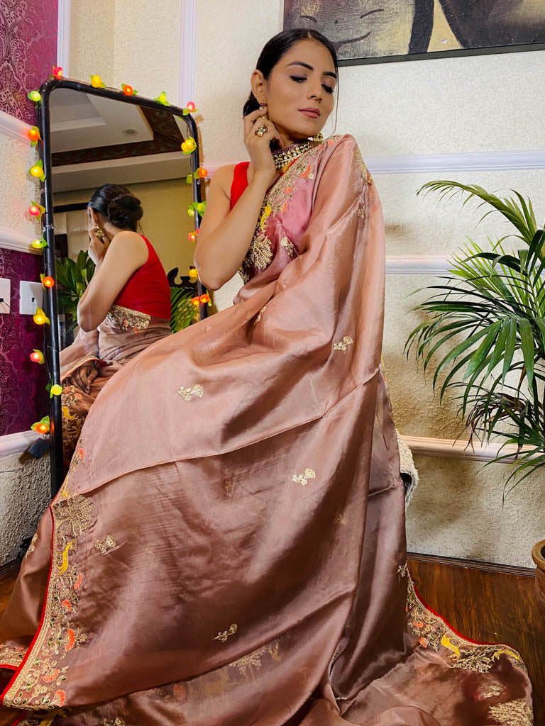 English Brown Organza Crape Silk Saree