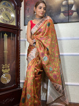 Carrot Orange Kalamkari Handloom Tussar Silk Saree