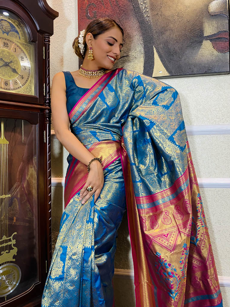 Azure Blue Kanjeevaram Silk Banarasi Handloom Saree