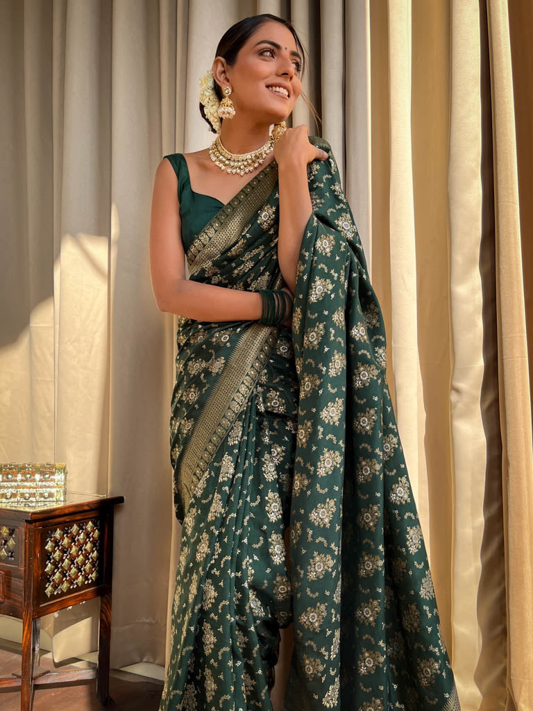 Bottle Green Banarasi Uppada Silk Saree