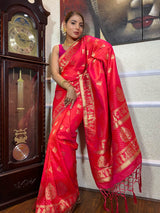 Carmine Pink Banarasi Handloom Silk Saree