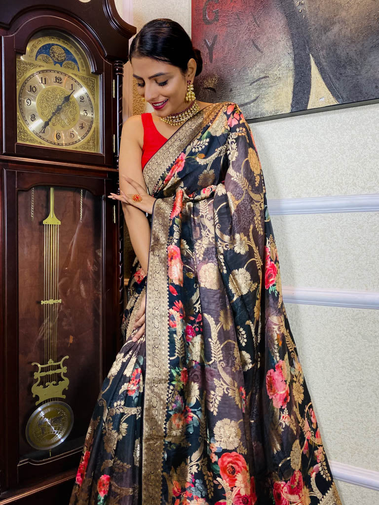 Spruce Blue Designer Banarasi Silk Saree