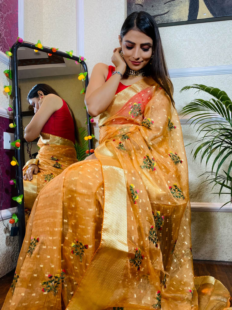 Tangerine Orange Organza Silk Saree