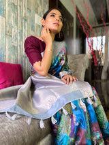 Azure Blue Uppada Cotton Silk Saree