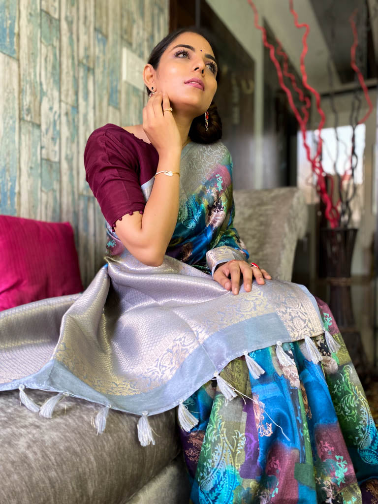 Azure Blue Uppada Cotton Silk Saree