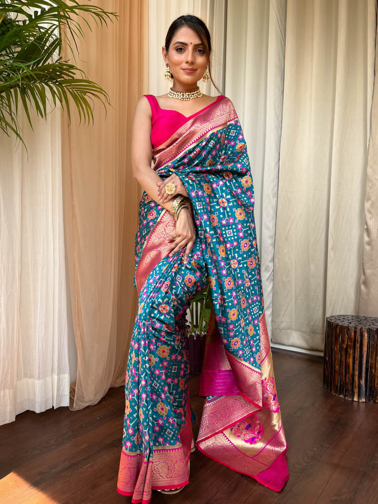 Cerulean Blue Patola Silk Saree