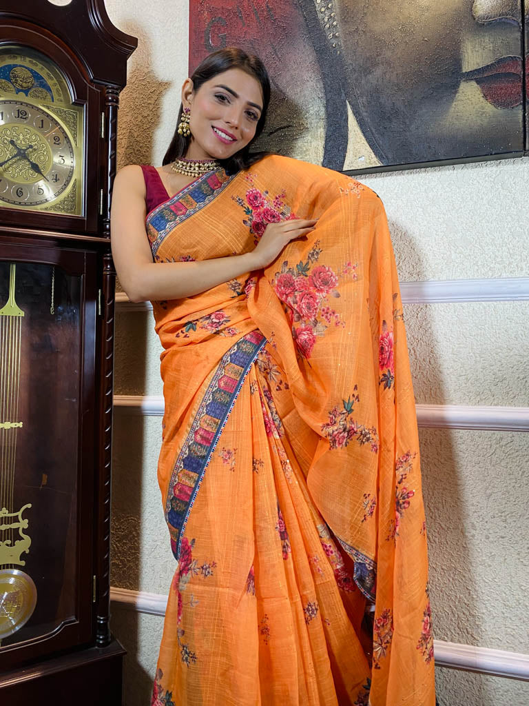 Apricot Orange Linen Sequined Saree