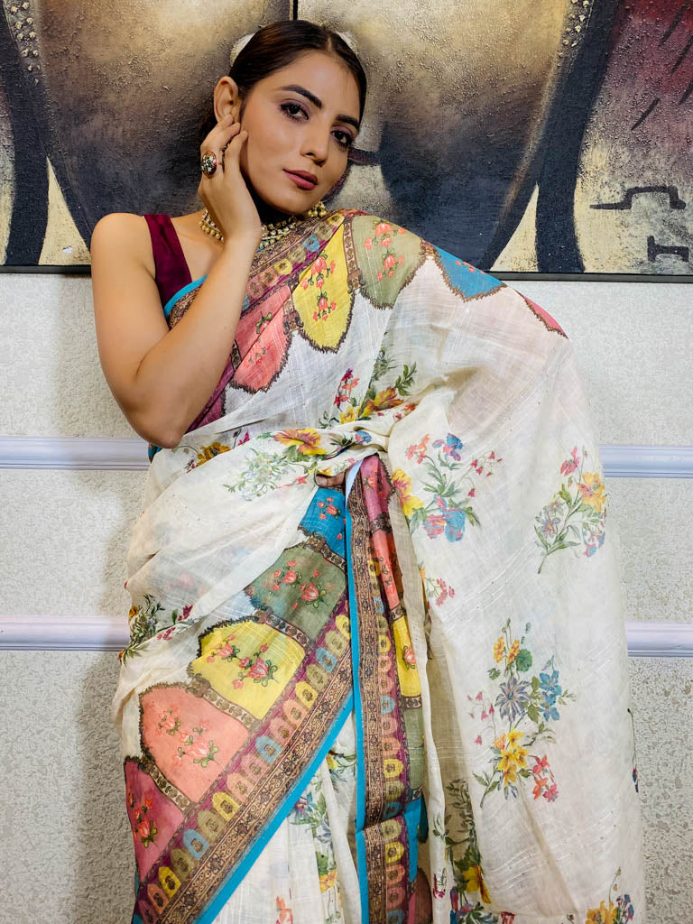 Daisy White Linen Sequined Saree