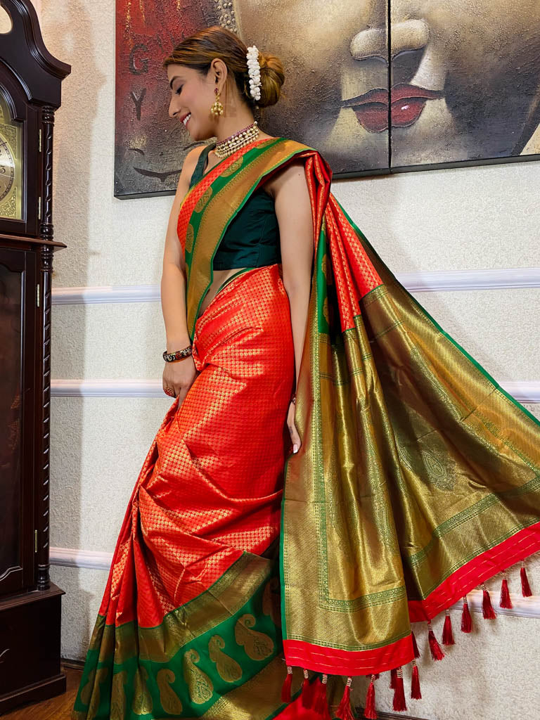 Scarlet Red Kanjeevaram Silk Banarasi Handloom Saree