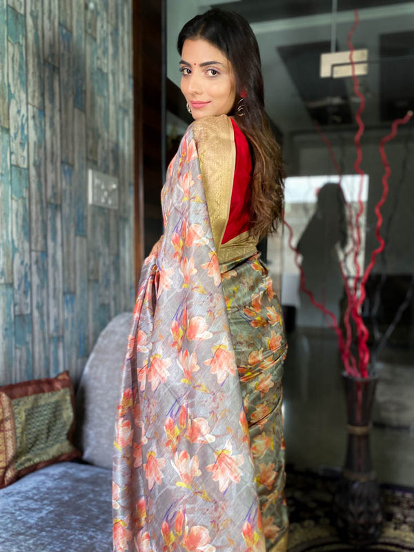 Fossil Grey Uppada Cotton Silk Saree