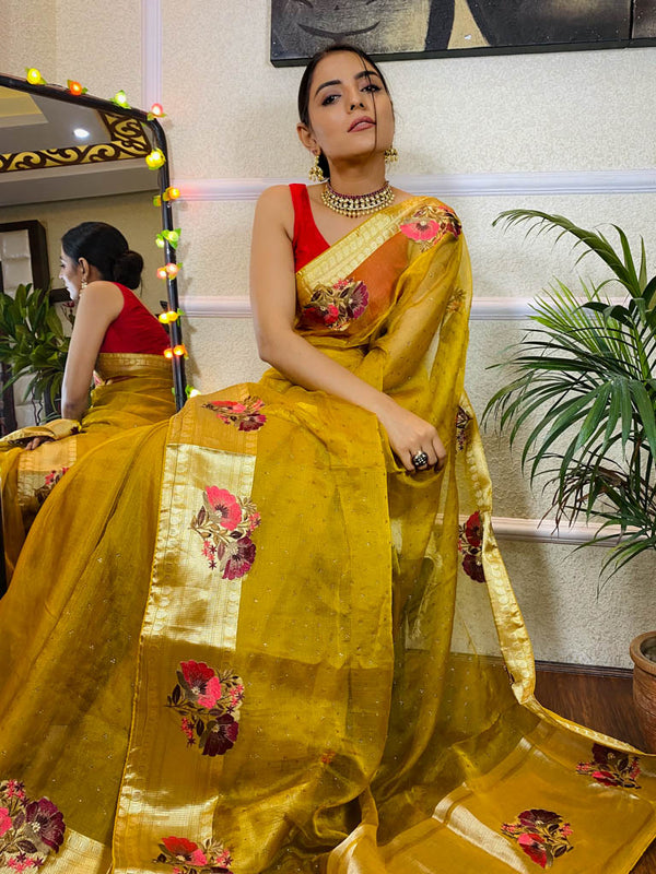 Mustard Yellow Organza Silk Saree