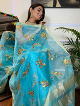 Arctic Blue Organza Silk Saree